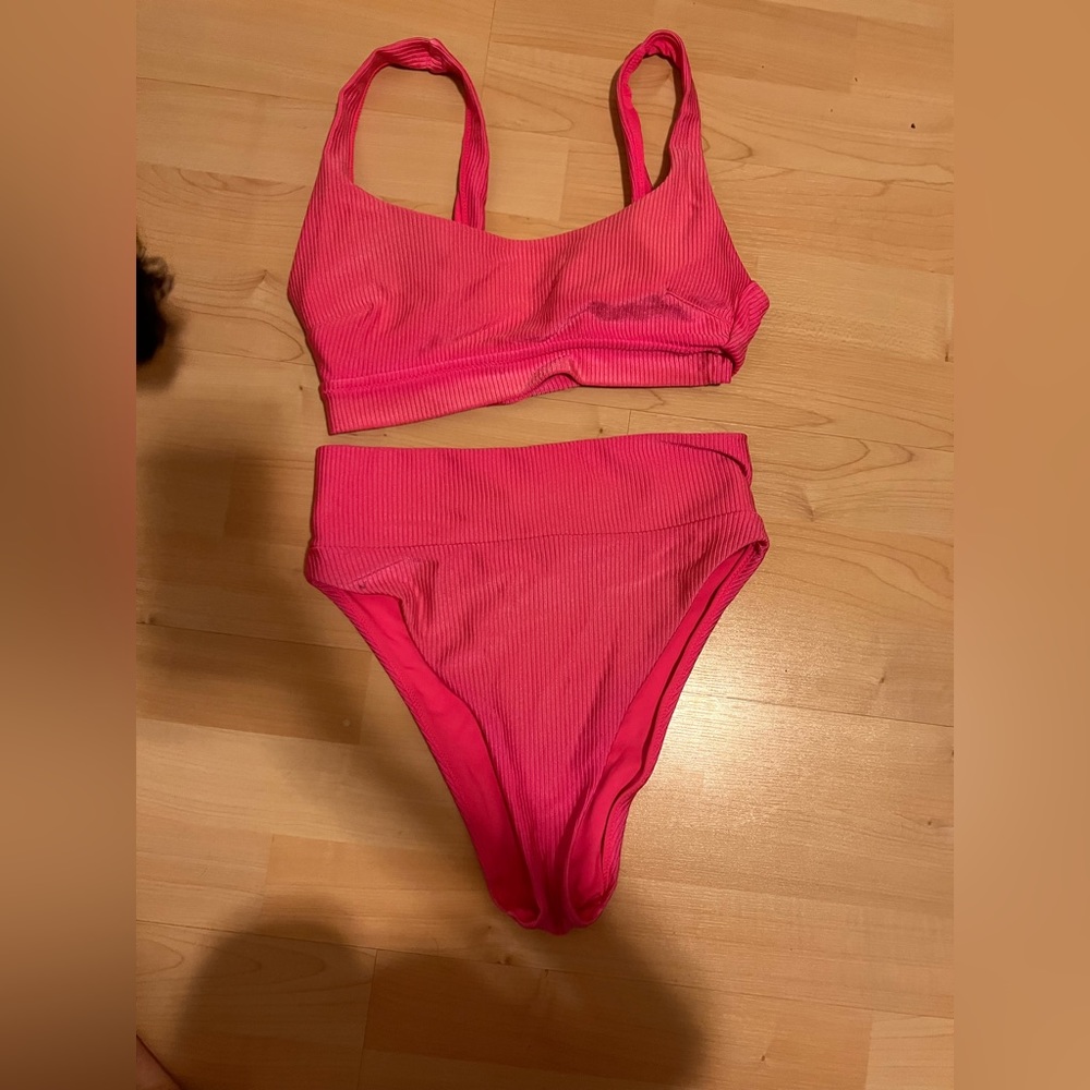 Hot pink bikini with high waisted bottoms
